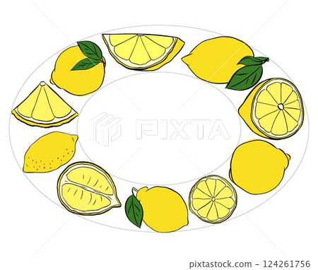 Oval Frame with lemon  whole and slices green leaves. Graphic line ink yellow style, floral frames, invitation, party, wedding road signs. Vector illustration. 124261756