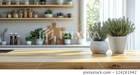 Rustic wooden countertop with herbs in pots and a blurred kitchen backdrop. Perfect for showcasing culinary or gardening themes. 124261942