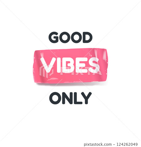 Good Vibes Only pink groovy aesthetic sticker design isolated on white. Good vibes motto sticker, tag, retro label, banner, ribbon, label png with quote. Positiv and motivational 1970s style quote 124262049