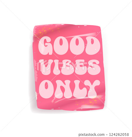 Good Vibes Only pink groovy aesthetic sticker design isolated on white. Good vibes motto sticker, tag, retro label, banner, ribbon, label png with quote. Positiv and motivational 1970s style quote 124262058