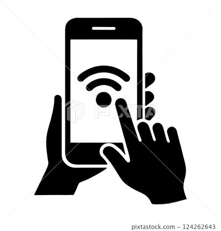 Silhouette illustration of a hand touching a smartphone screen with a communication icon displayed on it, cut out on a transparent background 124262643