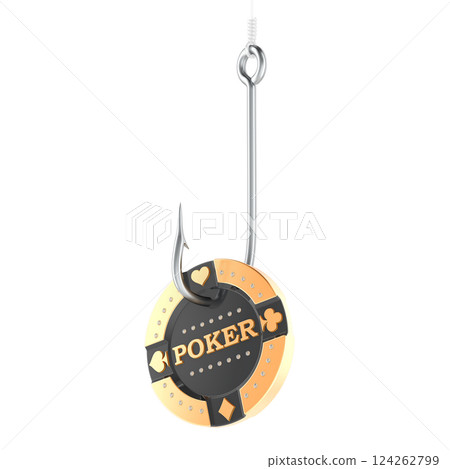 Fishing hook with gaming casino chip. Gambling Addiction, concept. 3D rendering Fishing hook with gaming casino chip. Gambling Addiction, concept. 3D rendering 124262799