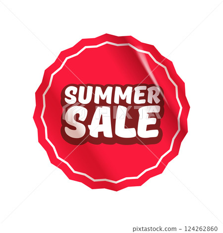 Summer sale round red sticker isolated on white. Price sticker, sale sticker, price tag, retro label, sale or discount sticker, promotional badge set, shopping label png. Summer sale poster and banner 124262860