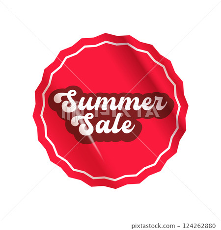 Summer sale round red sticker isolated on white. Price sticker, sale sticker, price tag, retro label, sale or discount sticker, promotional badge set, shopping label png. Summer sale poster and banner 124262880