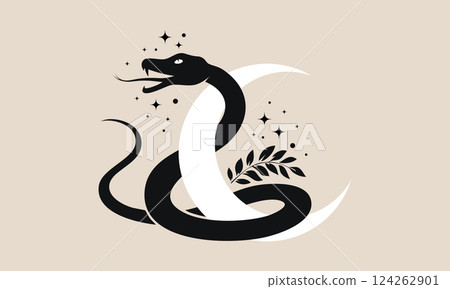 Mystical snake over crescent moon, wicca banner celestial sign. Pagan Wiccan goddess symbol. Magic illustration for spiritual practices of ethnic magic and rites, vector isolated, vintage background Mystical snake over crescent moon, wicca banner celestial sign. Pagan Wiccan goddess symbol. Magic illustration for spiritual practices of ethnic magic and rites, vector isolated, vintage background 124262901