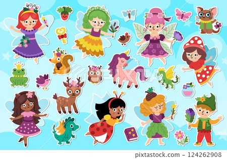 Vector fairy sticker pack. Cute patches with little girls with wings. Woodland princess icon collection. Fantasy forest animal illustrations. Magic garden clipart with elf, unicorn, dragon, fairytale Vector fairy sticker pack. Cute patches with little girls with wings. Woodland princess icon collection. Fantasy forest animal illustrations. Magic garden clipart with elf, unicorn, dragon, fairytale 124262908