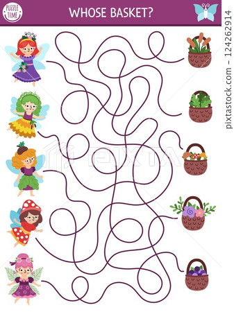 Fun maze for kids with woodland fairies and baskets with berry, mushroom, acorn, flower. Fairytale princess preschool printable activity with cute girls, wings. Magic forest labyrinth game, puzzle 124262914