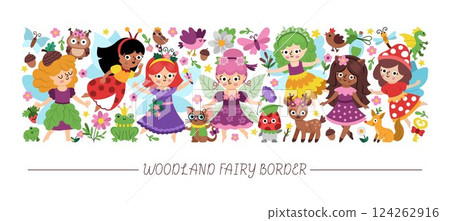 Vector woodland acorn, flower, bug and berry fairy horizontal set with fairytale creatures. Magic garden princess card template, frame design for banner, invitation. Cute fantasy forest illustration Vector woodland acorn, flower, bug and berry fairy horizontal set with fairytale creatures. Magic garden princess card template, frame design for banner, invitation. Cute fantasy forest illustration 124262916