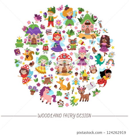 Vector woodland fairy round frame with elf, dwarf, houses, unicorn, dragon, fairytale creature. Magic garden princess card template design for banner, invitation. Cute fantasy forest illustration 124262919