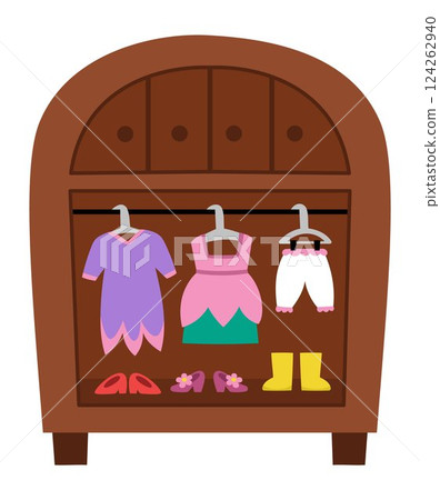 Vector fairy wardrobe clipart. Cute closet with little girl dresses, shoes, boots. Woodland princess dresser with clothes clipart. Fantasy forest fay armoire illustration. Magic or fairytale Vector fairy wardrobe clipart. Cute closet with little girl dresses, shoes, boots. Woodland princess dresser with clothes clipart. Fantasy forest fay armoire illustration. Magic or fairytale 124262940