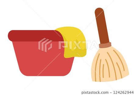 Vector flat basin with cloth and broom clipart. Cute house cleaning object with broomstick or mop. Fairy house item illustration. Magic or fairytale home part element 124262944
