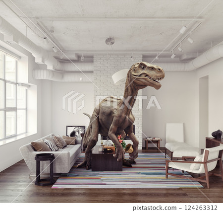 Dinosaur in a modern living room Dinosaur in a modern living room 124263312