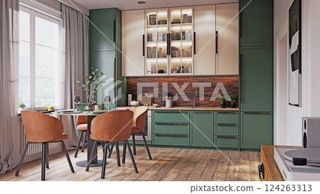 A modern kitchen and dining area 124263313