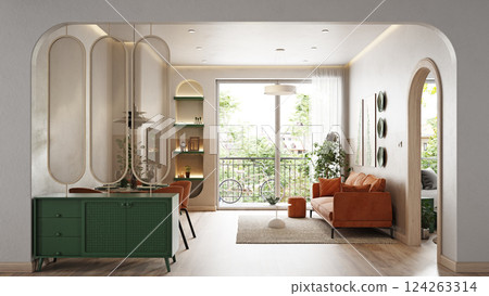 living room with a brown sofa and dining area, wooden floors 124263314