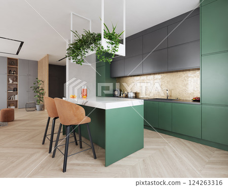Green and gray kitchen with hanging plants Green and gray kitchen with hanging plants 124263316