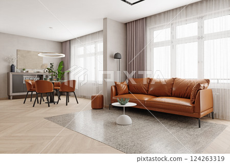 living room with a brown sofa and dining area, wooden floors 124263319