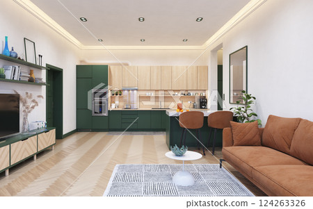 Modern open-plan kitchen and living room 124263326