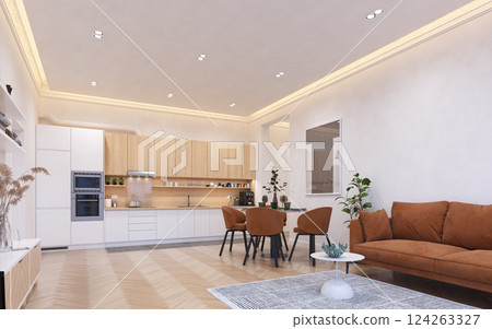 Modern kitchen-dining area with orange chairs 124263327