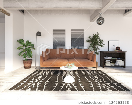 Modern living room with cozy sofa, stylish rug, and plants. 124263328