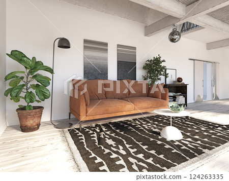 Modern living room with cozy sofa, stylish rug, and plants. 124263335