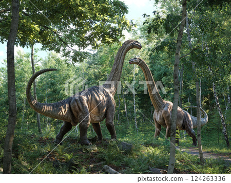 Realistic dinosaurs in lush green forest, 124263336