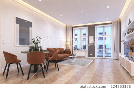 living room with orange sofa, dining area, and plants 124263338