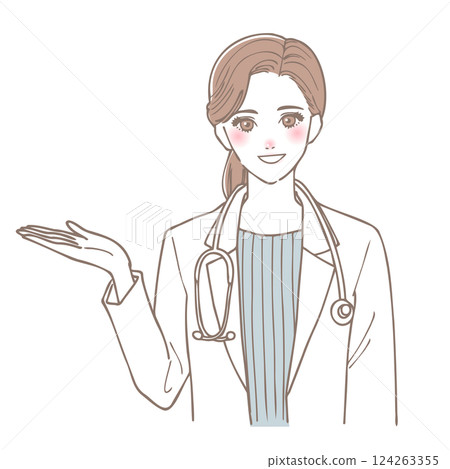 A female doctor smiling and holding out her palm 124263355