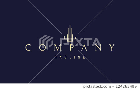 Vector golden logo with an abstract image of a skyscraper with columns. Vector golden logo with an abstract image of a skyscraper with columns. 124263499