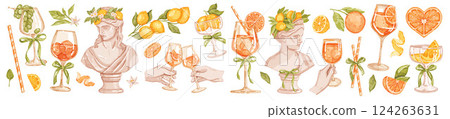 Aperol cocktail set, vector watercolor alcohol drinks print Italian summer lemon, hand with glass. Aperol cocktail set, vector watercolor alcohol drinks print Italian summer lemon, hand with glass. 124263631