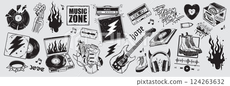 Rock music grunge sticker set, vinyl record player illustration, vector hand drawn audio sound print 124263632