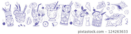 Tropical cocktail doodle set, vector exotic tiki bar hand drawn illustration, summer alcohol drinks. 124263633