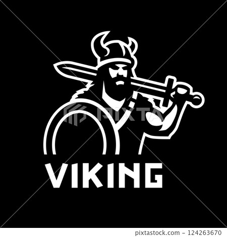 Viking with shield and sword on a dark background. 124263670