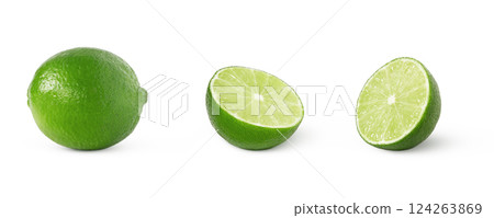 Fresh limes collection. Set of half of lime, and whole lime isolated. 124263869