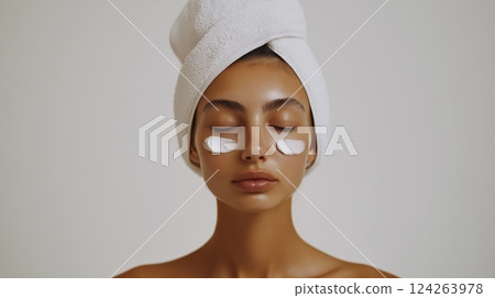 A minimalist image of a young woman with a towel on her head, eyes closed, and cream on her cheeks 124263978