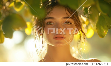 A minimalist image of a young woman with slightly damp skin, relaxing under a natural leaf canopy 124263981