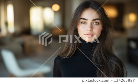 A simple yet sophisticated image of a brunette in a black turtleneck 124263987