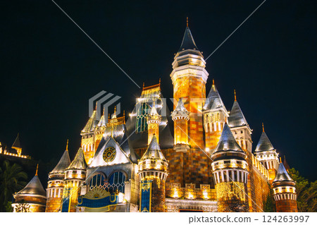 roof of beautiful medieval castle at Amusement Park Vinpearl in Nha Trang in Vietnam at night roof of beautiful medieval castle at Amusement Park Vinpearl in Nha Trang in Vietnam at night 124263997