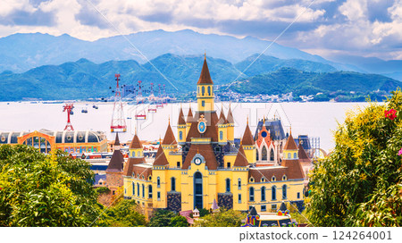 panoramic view of Vinpearl Island with VinWonders Amusement Park with beautiful castles and cable car in Nha Trang in Vietnam aerial top view panoramic view of Vinpearl Island with VinWonders Amusement Park with beautiful castles and cable car in Nha Trang in Vietnam aerial top view 124264001