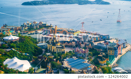 panoramic view of Vinpearl Island with VinWonders Amusement Park with castles and cable car in Nha Trang in Vietnam aerial view panoramic view of Vinpearl Island with VinWonders Amusement Park with castles and cable car in Nha Trang in Vietnam aerial view 124264002