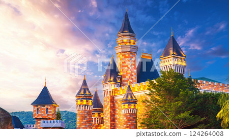 roof of fantastic fairy medieval castle at VinWonders Amusement Park in Vinpearl island in Nha Trang in Vietnam roof of fantastic fairy medieval castle at VinWonders Amusement Park in Vinpearl island in Nha Trang in Vietnam 124264008