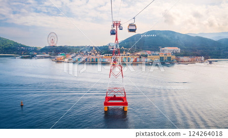 cable car cabins on cableway over sea to Hon Tre Island at Vinpearl Amusement Park in Nha Trang in Vietnam cable car cabins on cableway over sea to Hon Tre Island at Vinpearl Amusement Park in Nha Trang in Vietnam 124264018