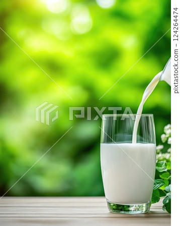 Refreshing Milk Pouring on Outdoor Table with Garden View Refreshing Milk Pouring on Outdoor Table with Garden View 124264474