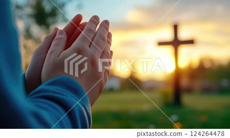 Hands in Prayer Against a Sunset and Cross Background Hands in Prayer Against a Sunset and Cross Background 124264478