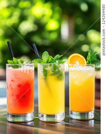 Chilled Summer Beverages with Ice and Mint 124264480