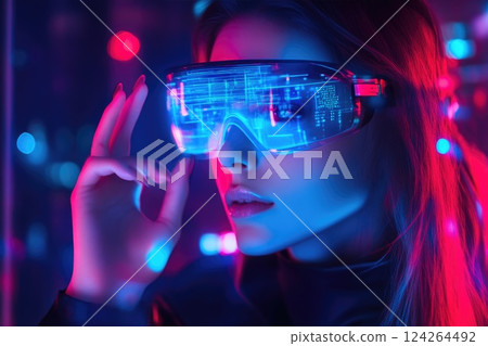 Futuristic Woman with AR Glasses in Cyberpunk Cityscape 124264492