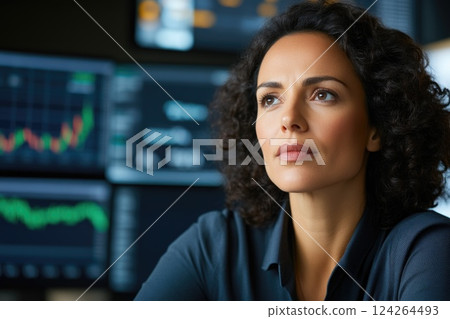 Confident Woman Analyzing Stock Market Trends in Office 124264493
