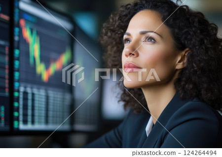 Focused Professional Woman Studying Trading Data on Screens Focused Professional Woman Studying Trading Data on Screens 124264494
