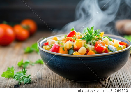 Freshly cooked vegetable stew in a rustic bowl 124264520