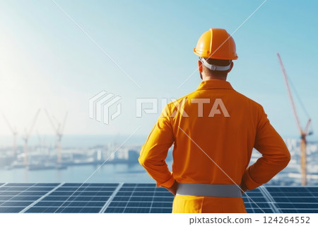 Worker in helmet observing urban skyline and solar panel installation 124264552