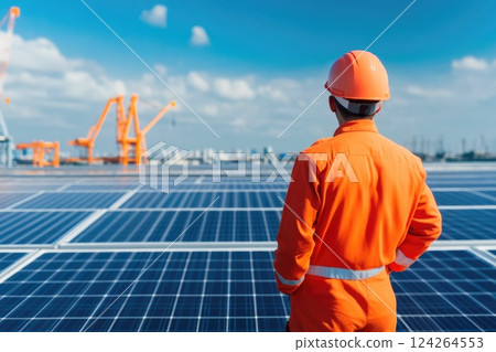 Worker with helmet on roof, admiring city skyline and cranes Worker with helmet on roof, admiring city skyline and cranes 124264553